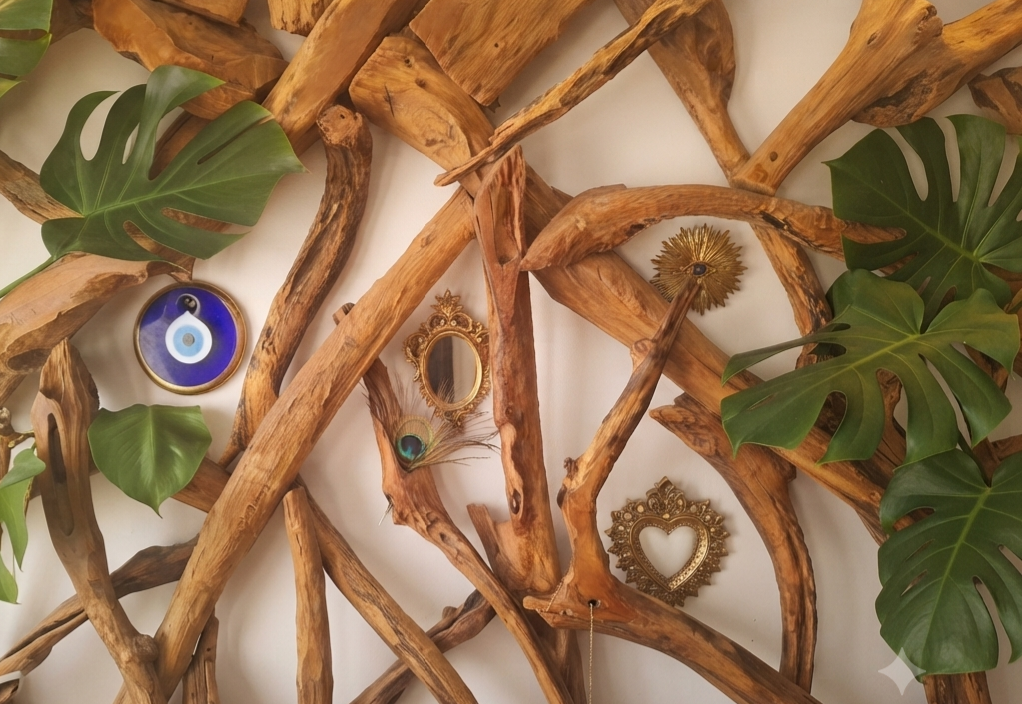 Décor mural avec branches de bois, feuilles de monstera, et ornements dorés, dont un miroir cœur, un œil turc, une plume et une pièce en forme de soleil