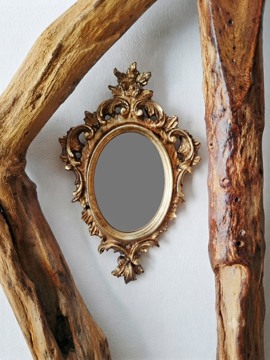 Un miroir orné d'un cadre ornementé, entouré de deux branches de bois rustic.