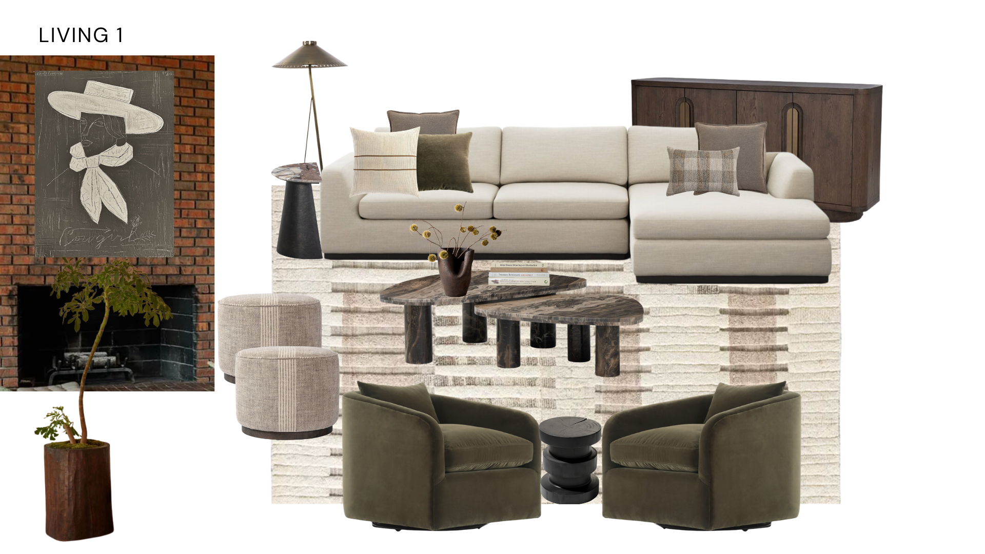 Living room furniture arrangement including a cream sofa with multiple pillows, a dark wood credenza, a side table with a lamp, a coffee table with books and a vase, a pair of green velvet armchairs, a round beige ottoman, a potted plant, and wall art featuring a sketch of a woman with a hat.