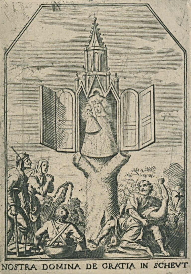 Een tekening van een heilig beeld of icoon van de Maagd Maria met kind, geplaatst op een hand die uit een boom of stam groeit, met mensen die ernaar kijken. Tekst onderaan in het Latijn: 'NOSTRA DOMINA DE GRATIA IN SCHEVT'.