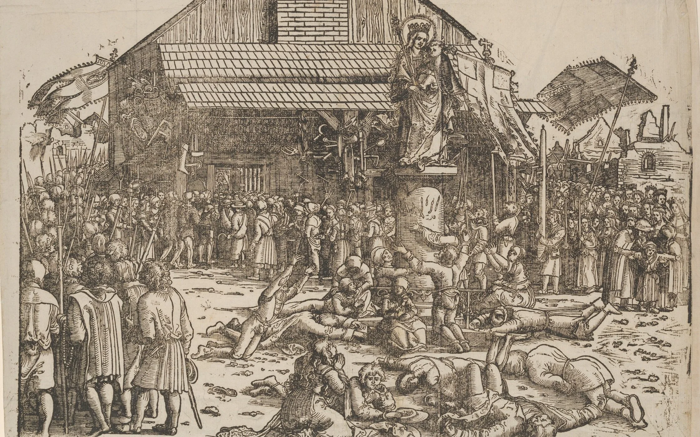 Een historische tekening van een religieuze gebeurtenis met een grote groep mensen, een figuur met een kroon en staf op een verhoog, en tenten op de achtergrond.