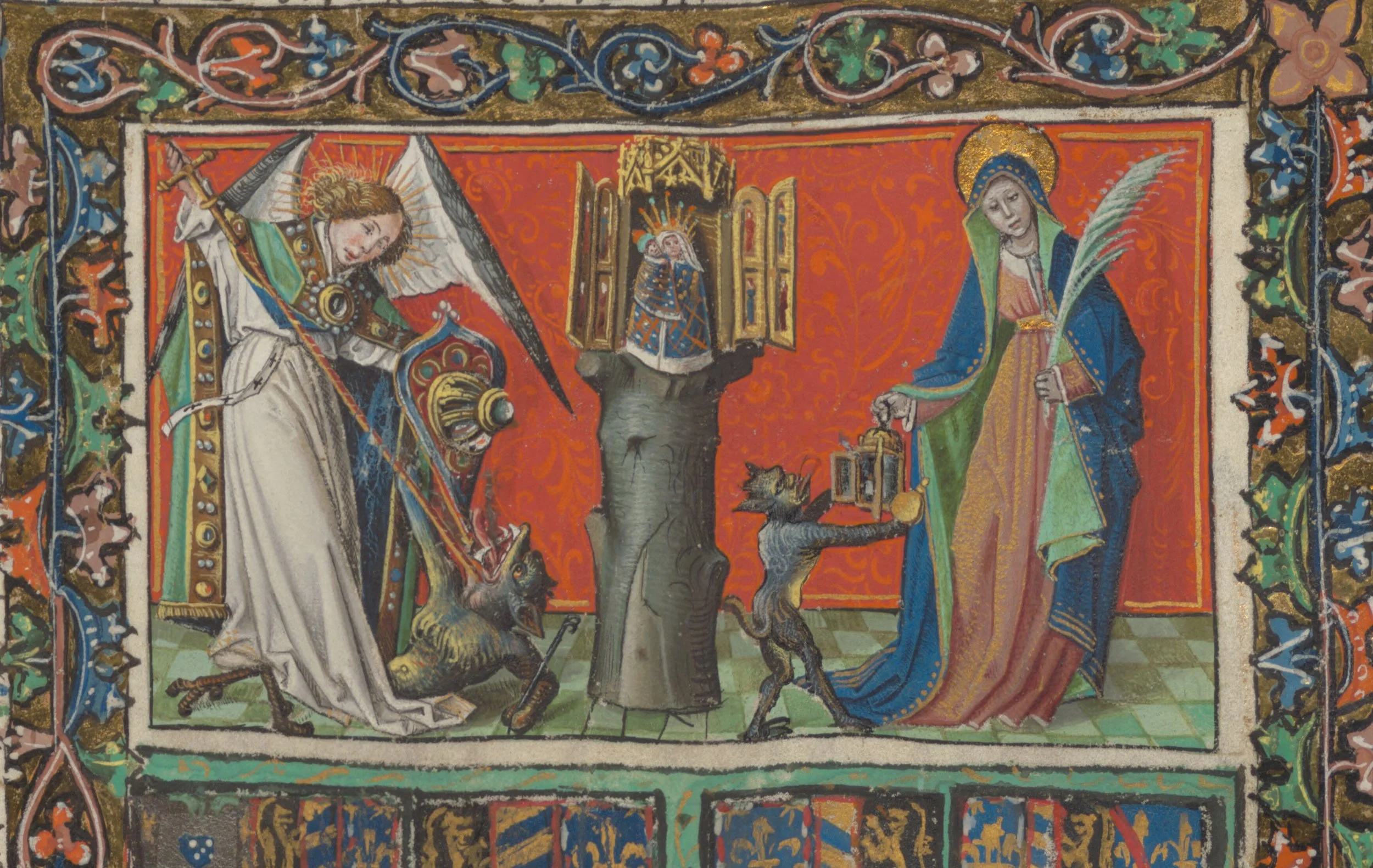 Een middeleeuws manuscripttafereel met heilige figuren, een ridder en dieren, omgeven door een kleurrijk, gedetailleerd decoratief kader.