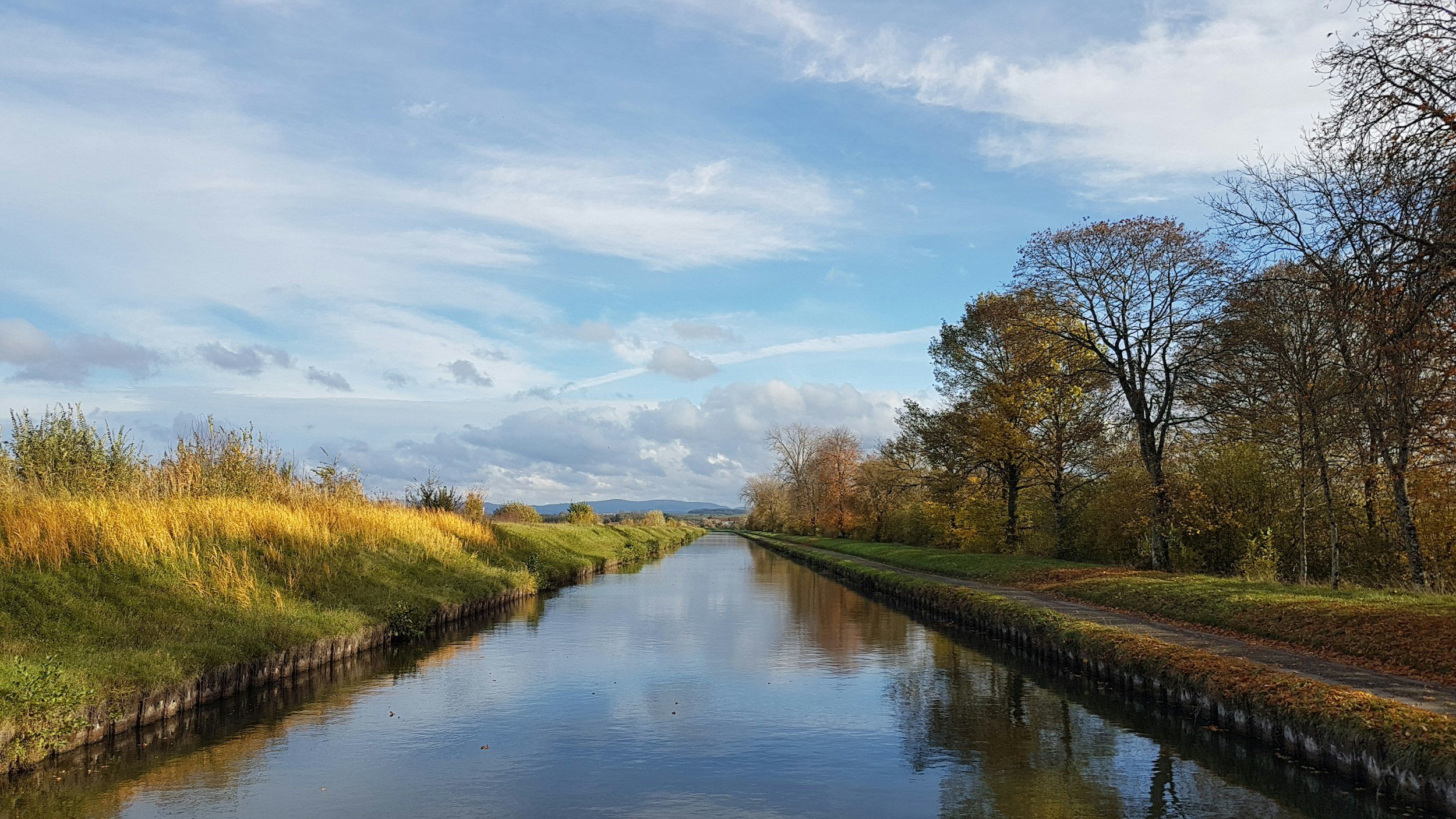 A peaceful river runs through a landscape with trees on both sides and a bright blue sky with scattered clouds.
