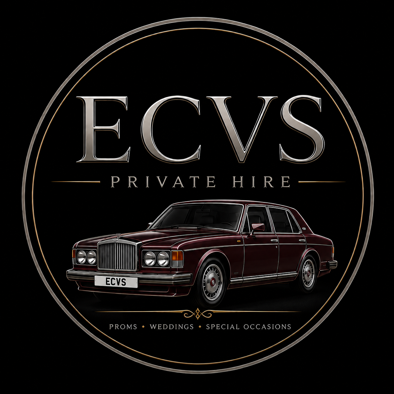 Luxury logo for ECVS Private Hire featuring a vintage dark red limousine car with the text 'ECVS' and 'Private Hire' in elegant font, surrounded by a round black background with gold accents, indicating services for proms, weddings, and special occasions.