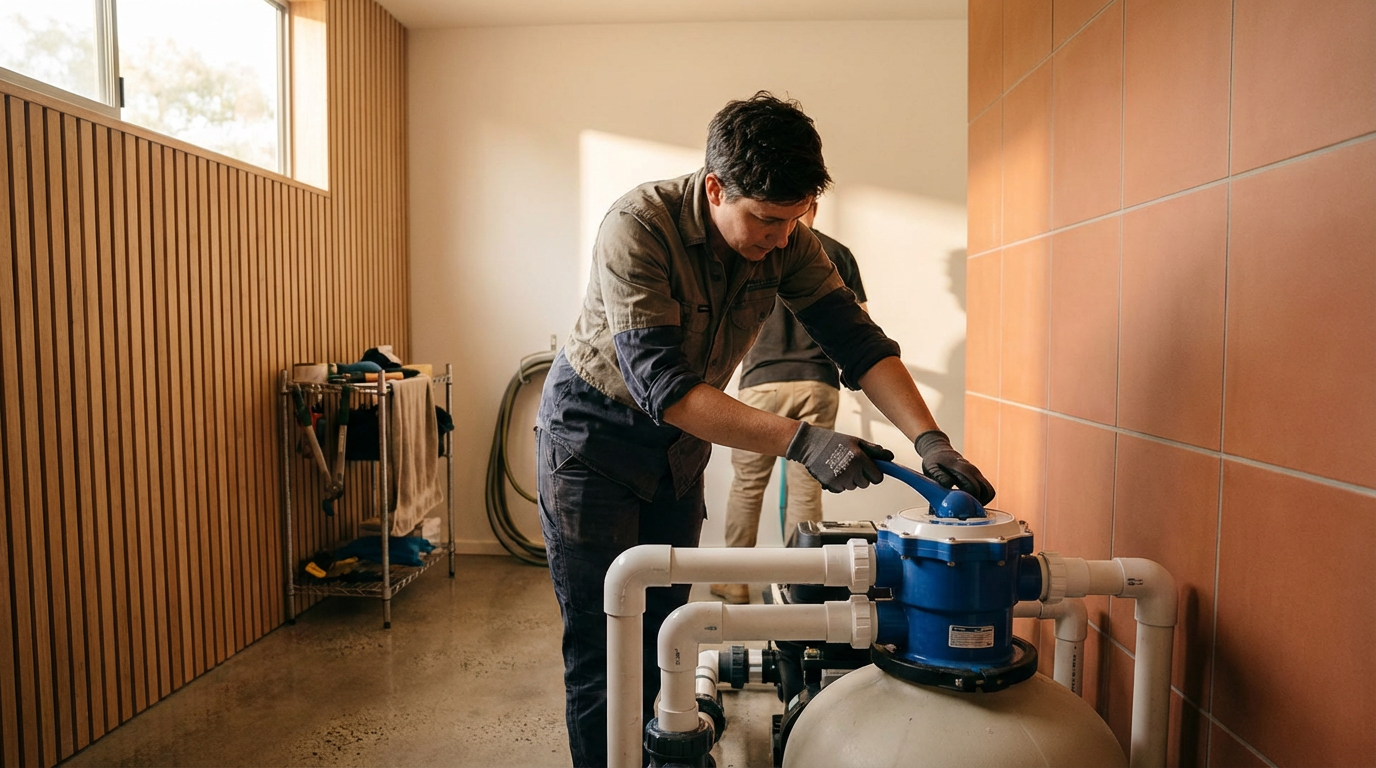 A man is working on a pool pump system in an indoor room with wooden wall paneling and a tile wall. He is wearing gloves and a brown and black shirt, leaning over and handling the equipment.