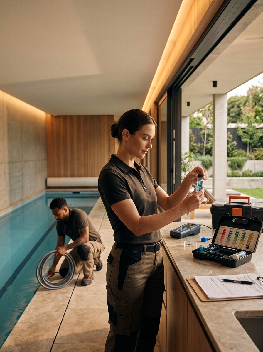 Pool maintenance workers inspecting chemicals near a swimming pool