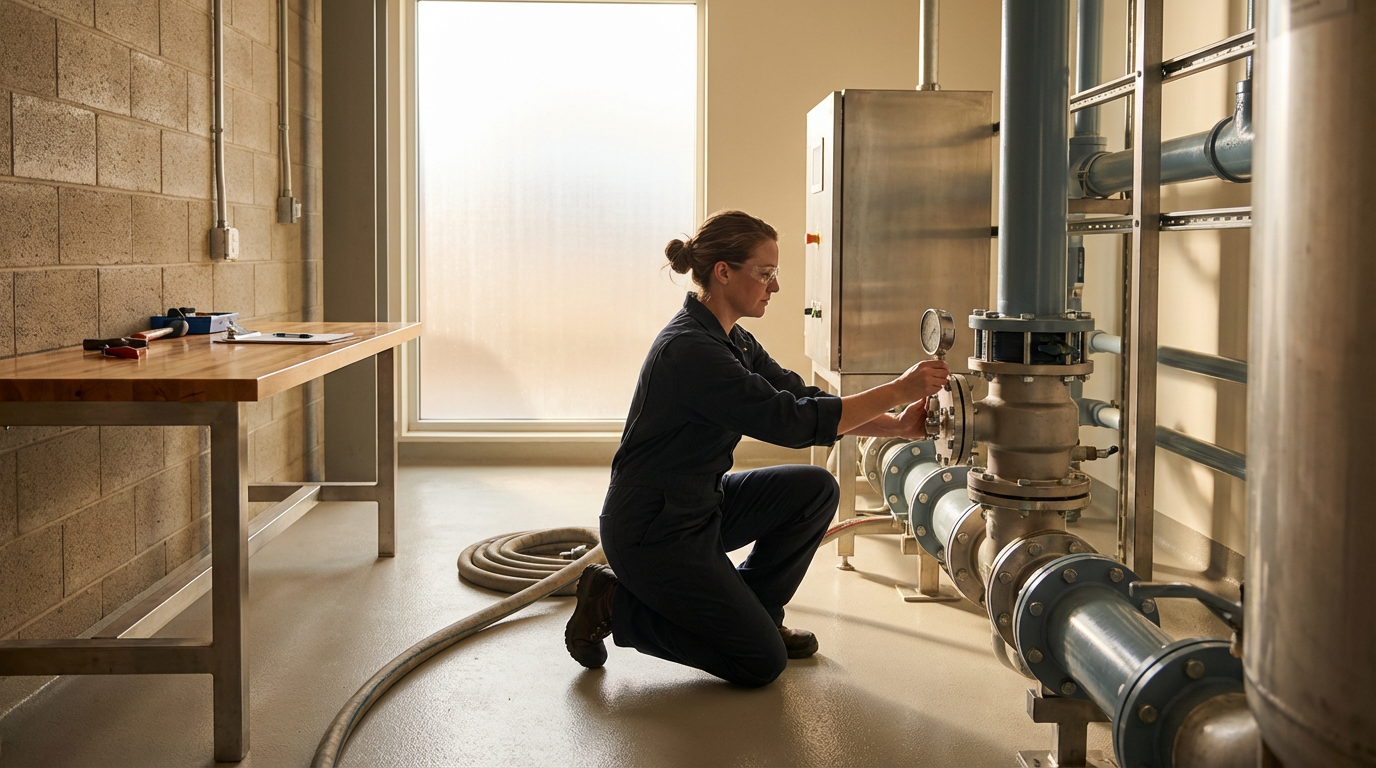 A woman in black coveralls adjusting a pressure gauge on industrial piping in a utility or mechanical room.