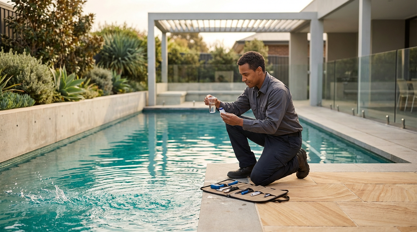 A man kneeling by a swimming pool, holding a bottle of water and a small device, with various tools laid out on a mat nearby, possibly testing or repairing the pool.