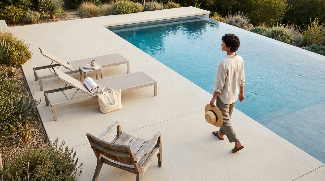A person walking on a patio beside a swimming pool, holding a straw hat. There are lounge chairs with towels and a bag, surrounded by desert plants.