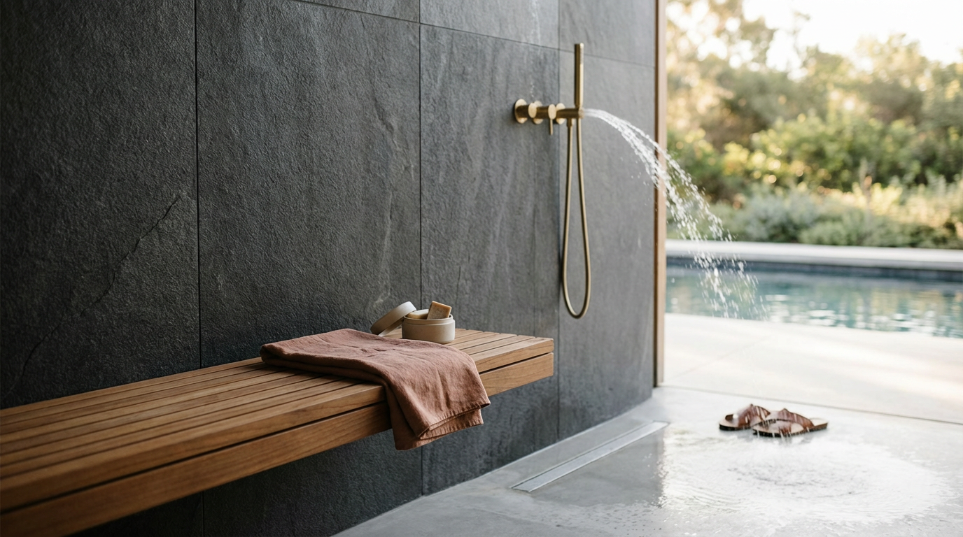 Outdoor shower area with a wooden bench, soap, and a towel, near a swimming pool with trees in the background.
