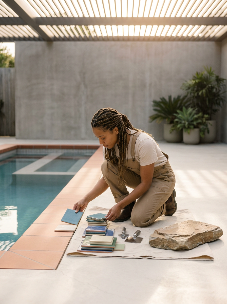 A woman kneeling on a white cloth by a pool, organizing a stack of small tiles and color samples, with a large rock and some tools nearby.