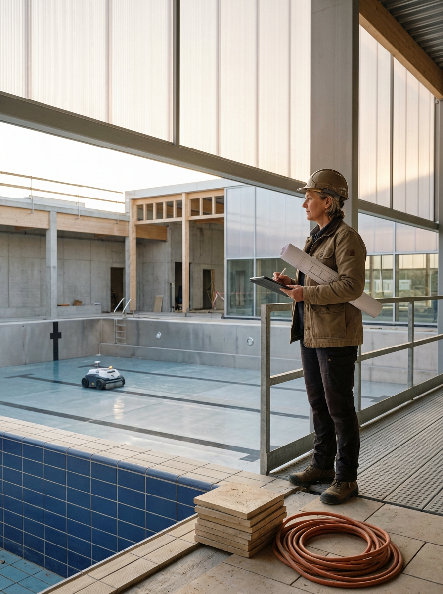 Construction worker inspecting an indoor swimming pool under construction, holding a clipboard and rolled-up plans, wearing a safety helmet and brown jacket.