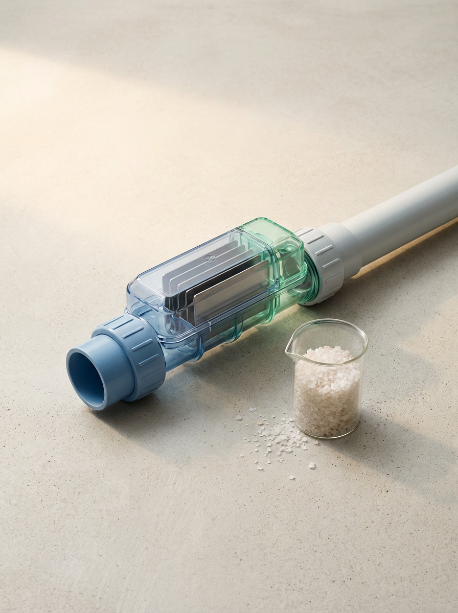 A water filtration device with a cartridge next to a beaker of salt on a light-colored surface.