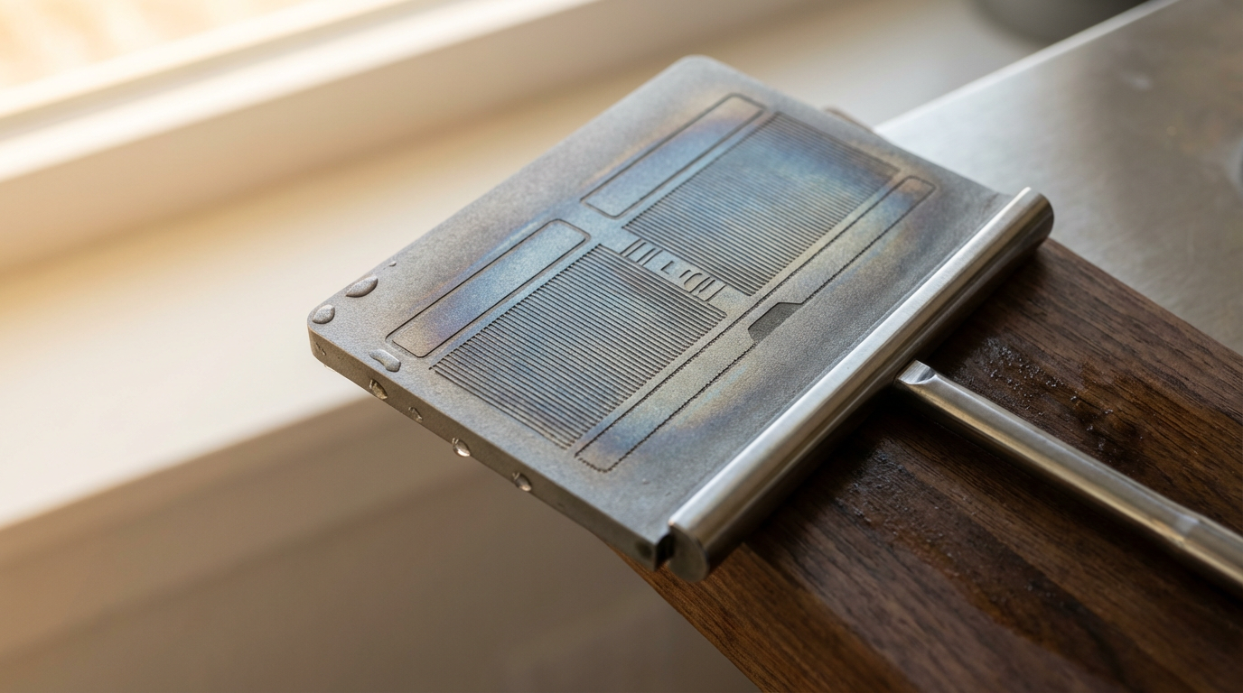 Close-up of a metal scraper with a wooden handle resting on a wooden surface next to a window.