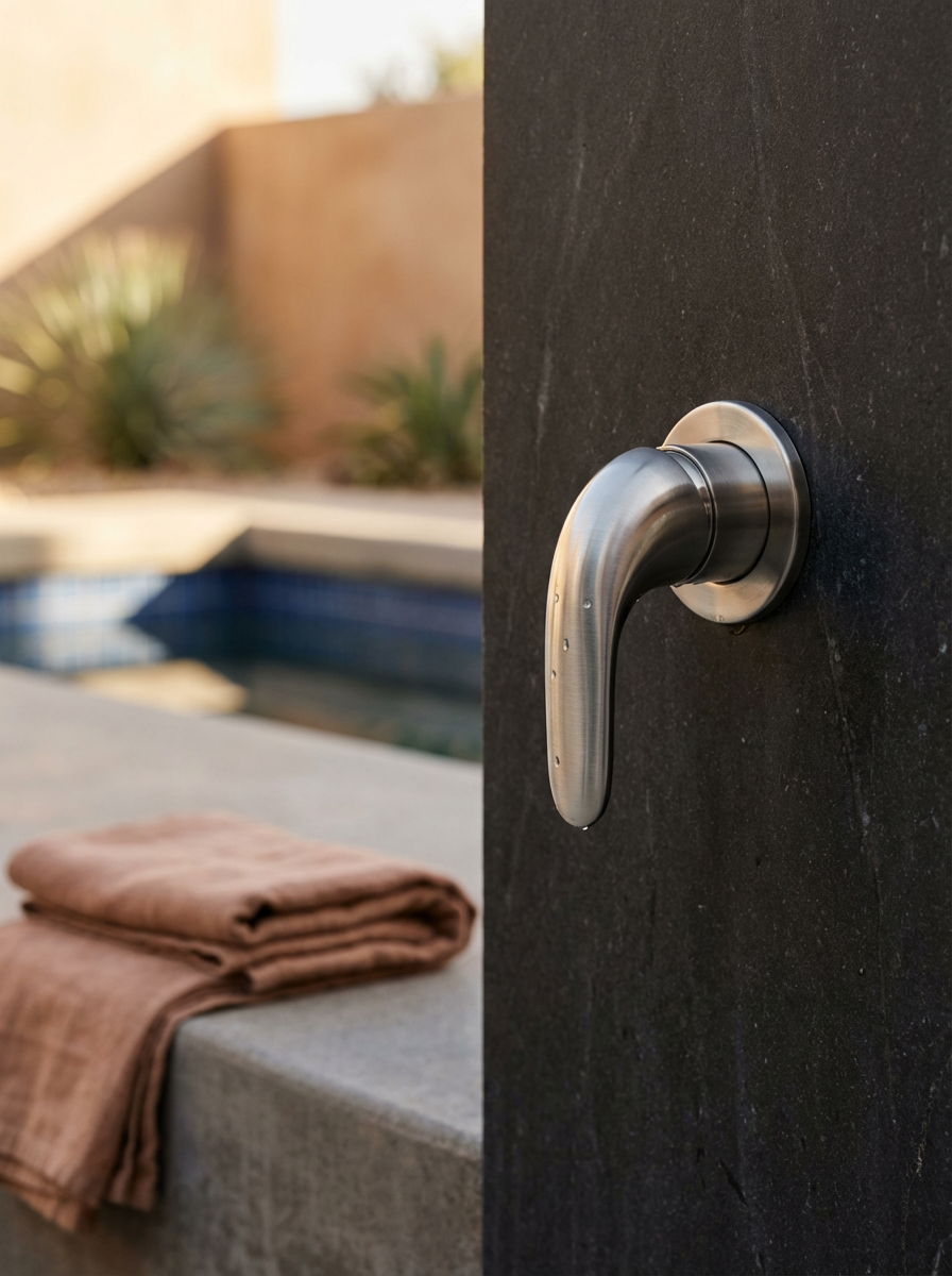 Close-up of a stainless steel poolside door handle mounted on a dark stone wall, with a pool and some plants visible in the background.