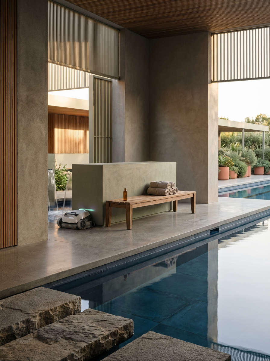 Modern indoor pool area with concrete walls, wooden ceiling, and outdoor garden visible through large open spaces, featuring a small wooden bench with rolled towels, a small bottle, and cleaning robot on the floor.