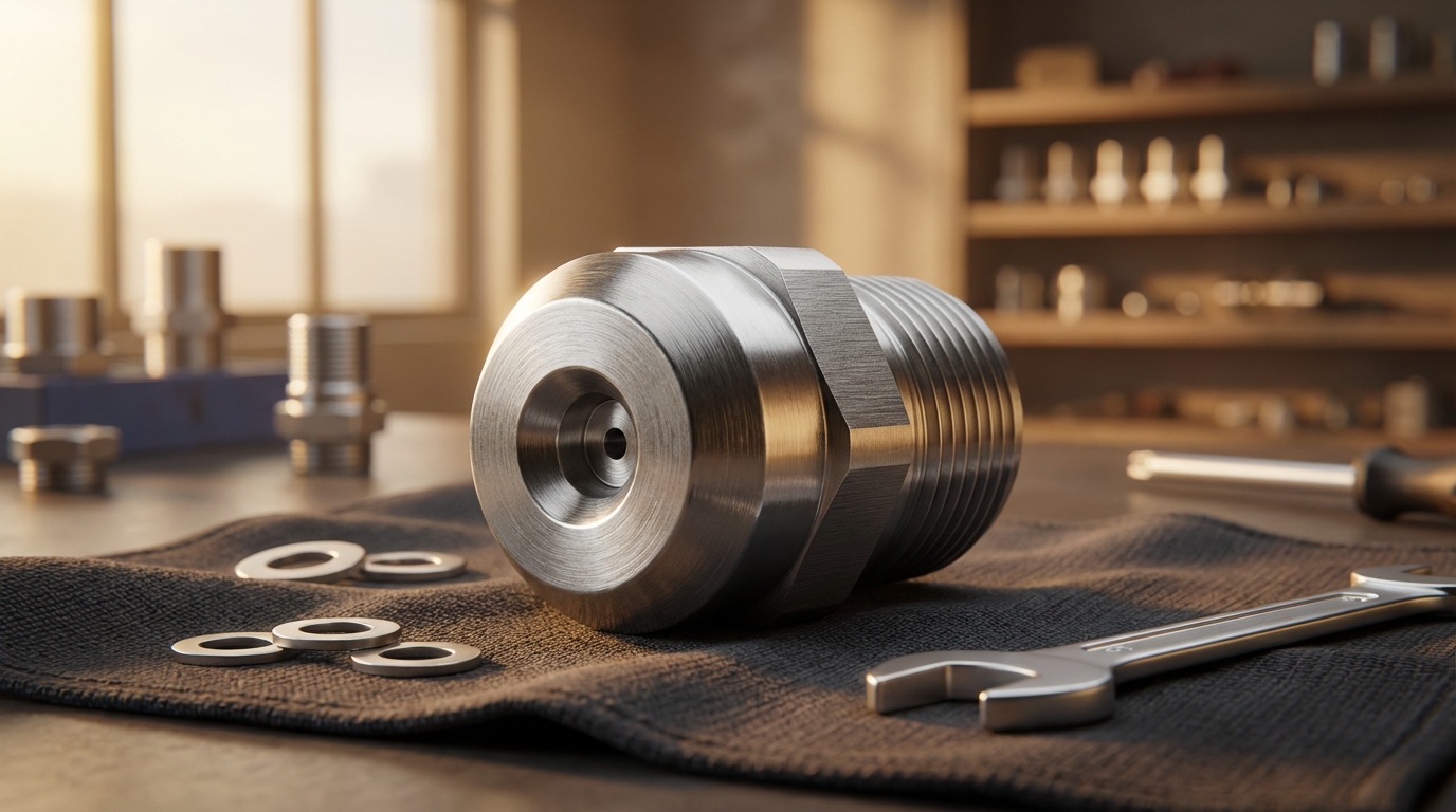 Close-up of a metal mechanical part on a workbench with washers, a wrench, and tools in the background, inside a workshop.