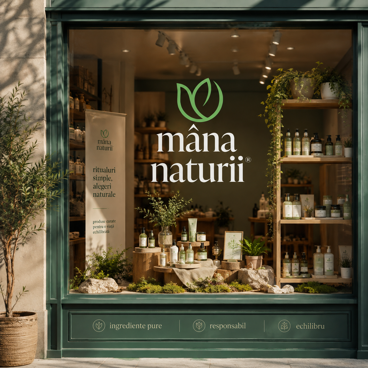 Storefront window display for máìa naturii with natural skincare products, plants, and a promotional banner in Romanian.