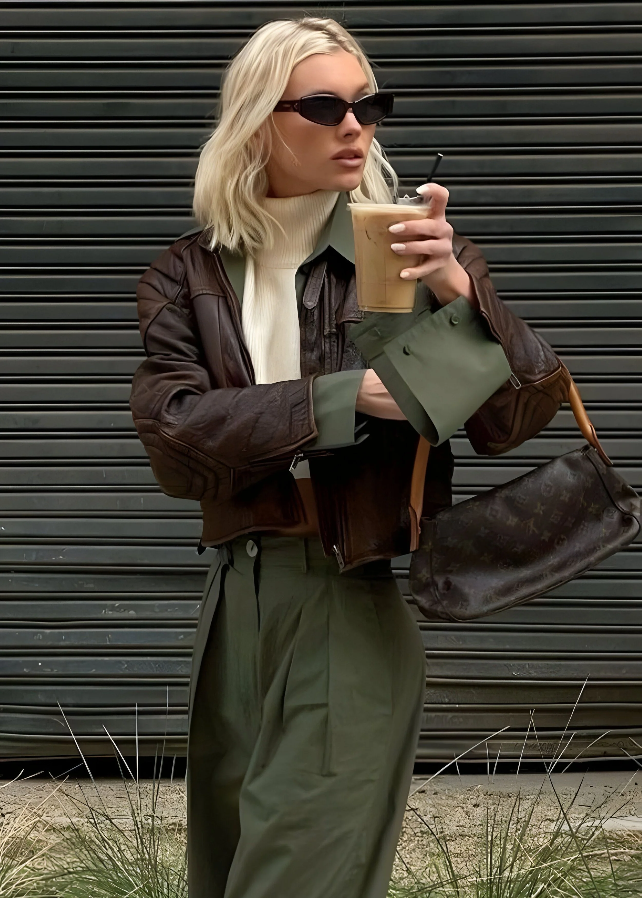 A woman with blonde hair wearing black sunglasses, a beige turtleneck, a brown jacket, and olive green pants, holding a large iced coffee cup and walking outdoors.