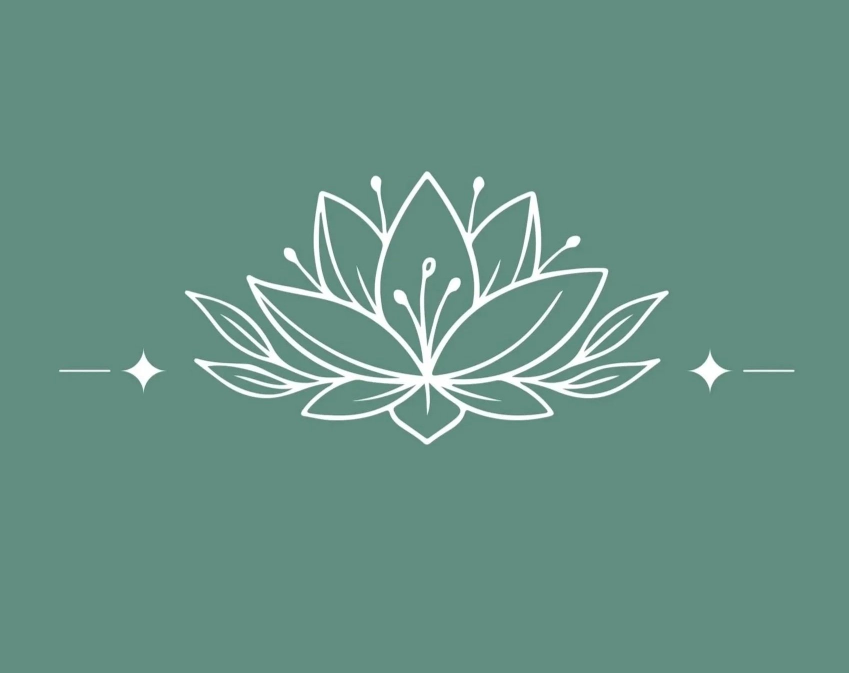 White line drawing of a lotus flower with leaves, set against a muted green background with decorative sparkles on either side.