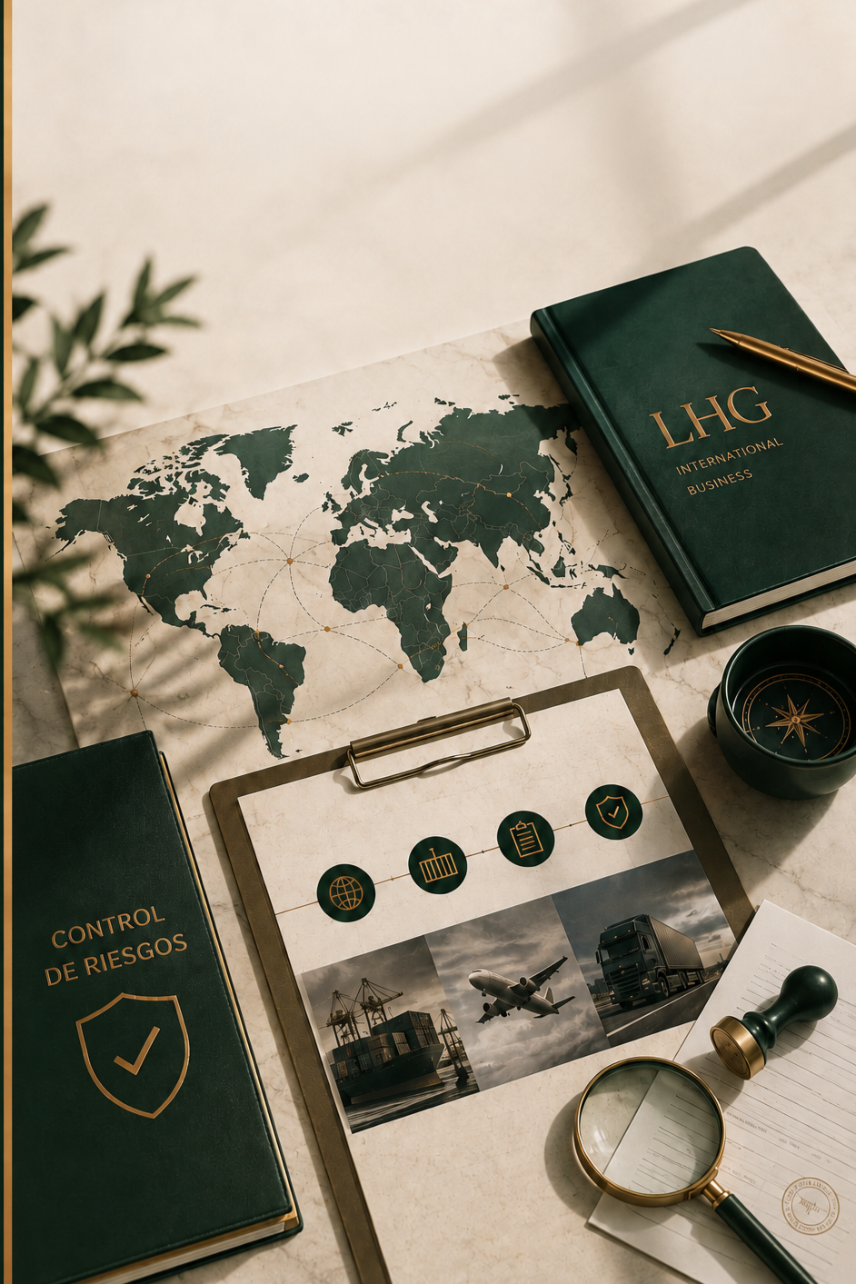 Mesa de trabajo con mapas mundiales, libros de negocios y gestión de riesgos, documentos, una lupa, y objetos de papelería, todo relacionado con negocios internacionales y control de riesgos.