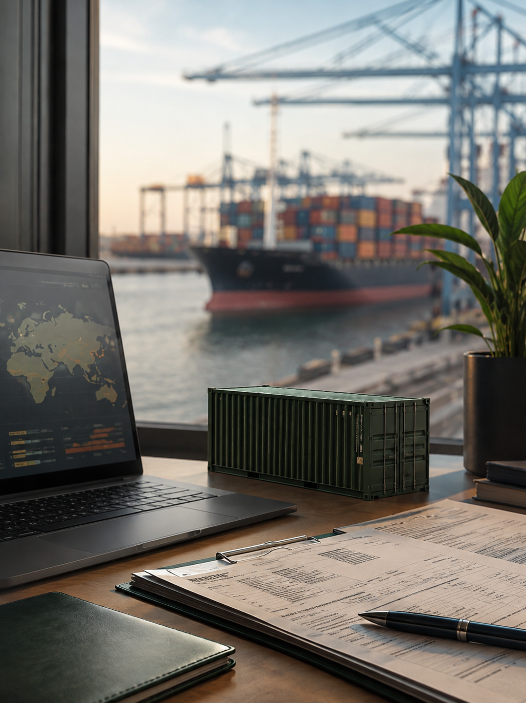 Vista de un escritorio con una laptop, documentos, pluma, planta y una maqueta de contenedor, con vista a un puerto con barcos y grúas en el fondo.
