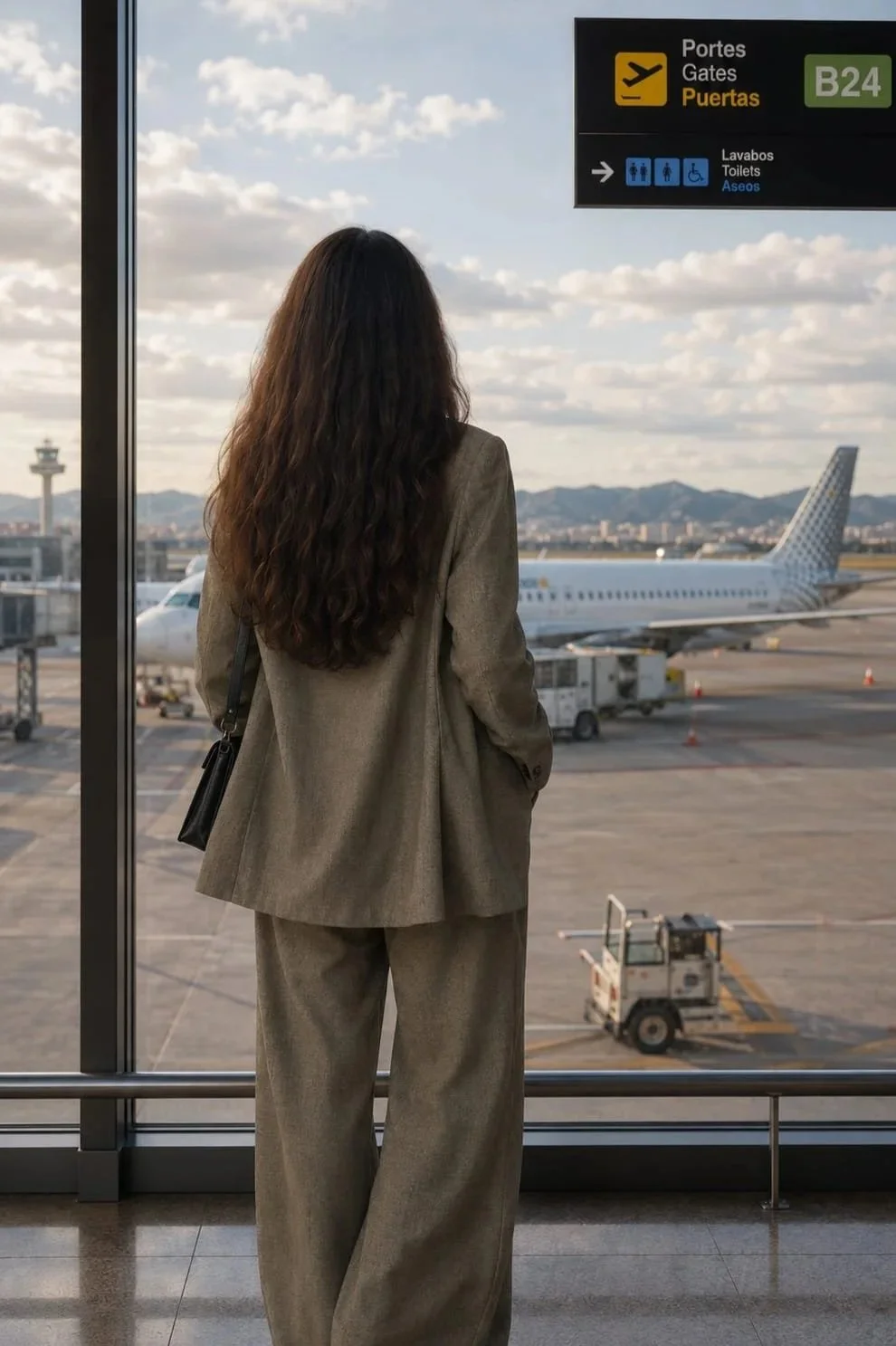 Mujer con traje gris observando aviones en la terminal del aeropuerto.