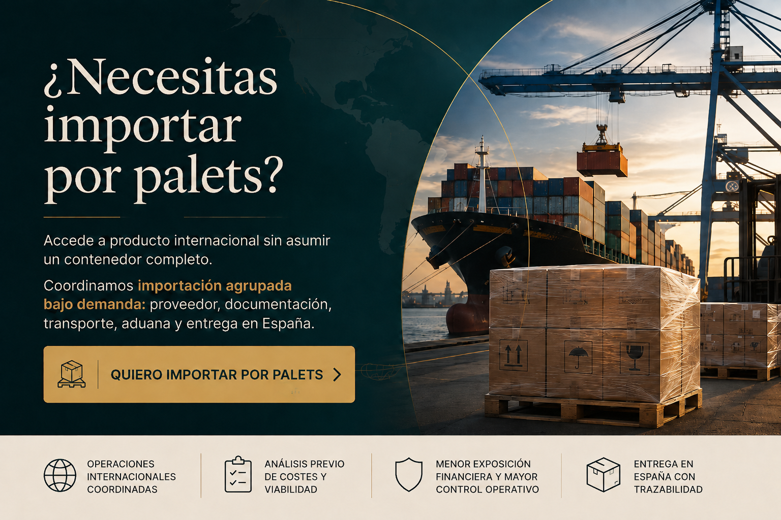 Importación agrupada por palets para empresas que quieren acceder a producto internacional sin asumir un contenedor completo, con coordinación de proveedor, documentación, transporte, aduana y entrega en España.