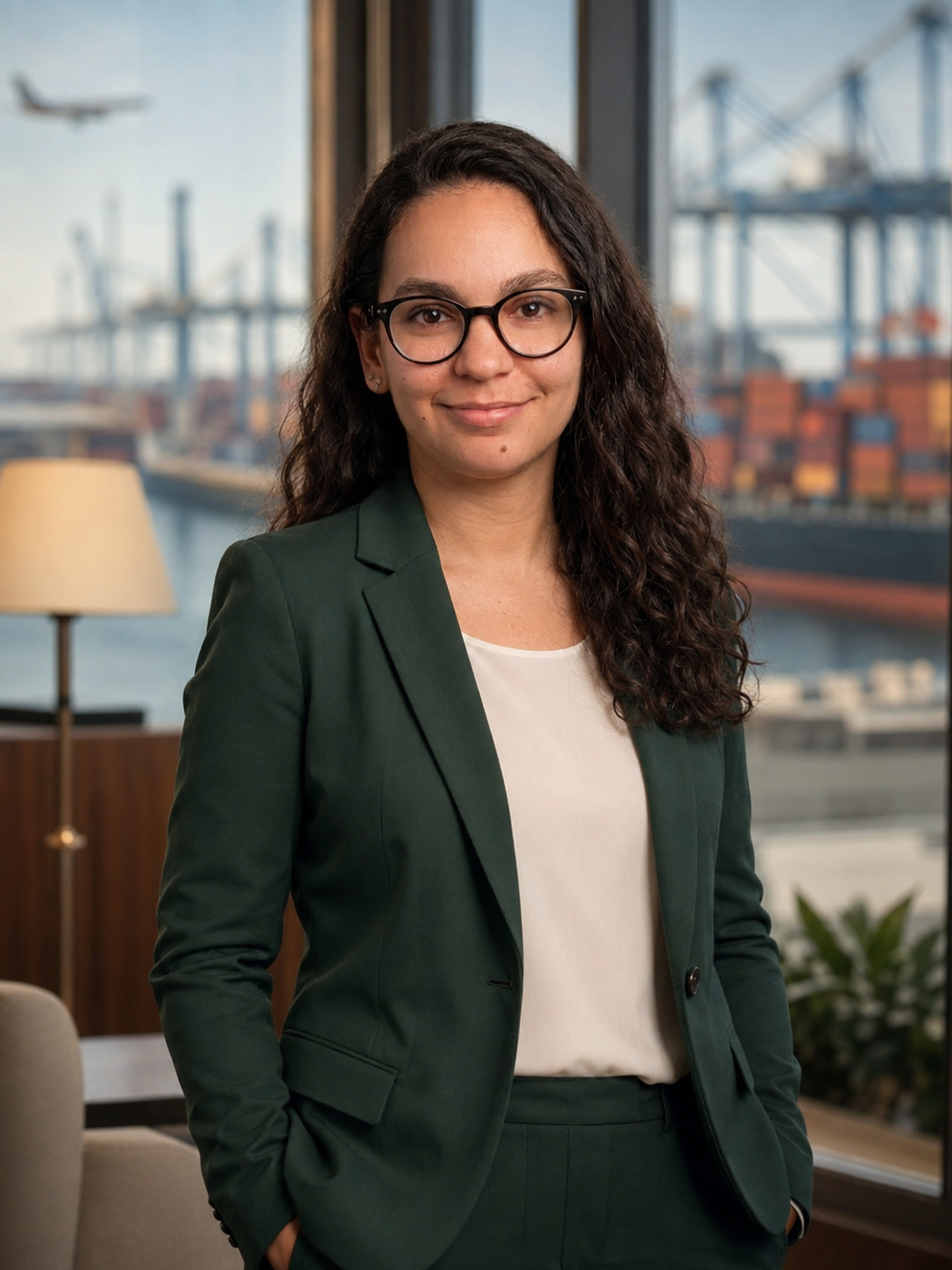 Mujer con gafas y cabello rizado en un traje verde, en una oficina con vista al puerto y barcos.