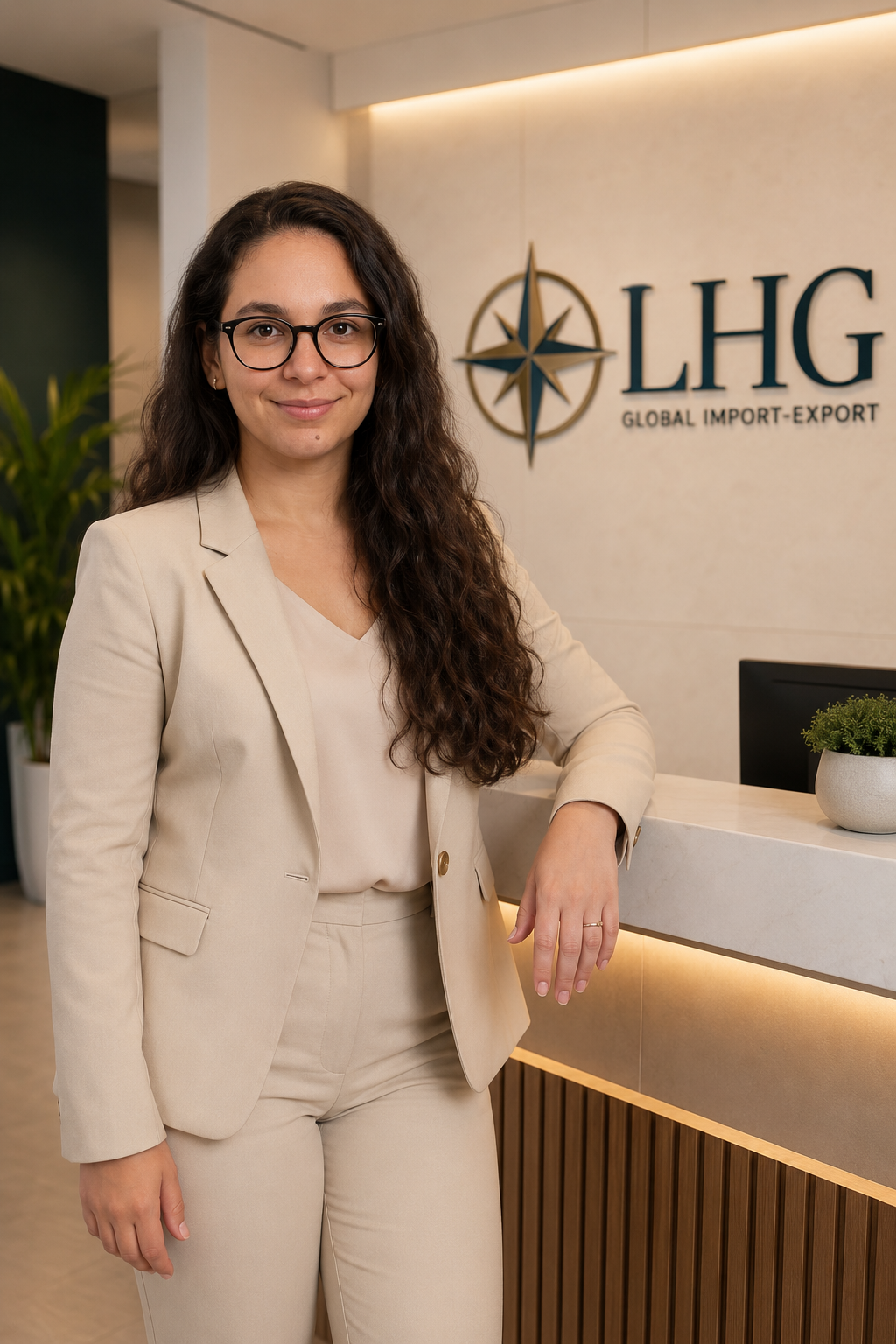 Una mujer de cabello rizado y usa gafas, vistiendo un traje beige, posando en una oficina frente a un muro con el logotipo de LH G, que significa Comercio Internacional y Exportación Global.
