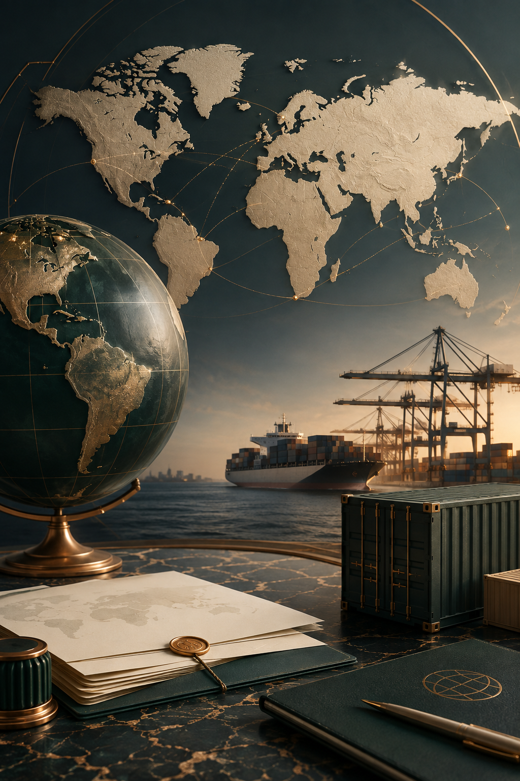 Mapa mundial, globos terráqueos, puertos con barcos y contenedores en un puerto marítimo, y documentos de trabajo sobre una mesa con pluma.