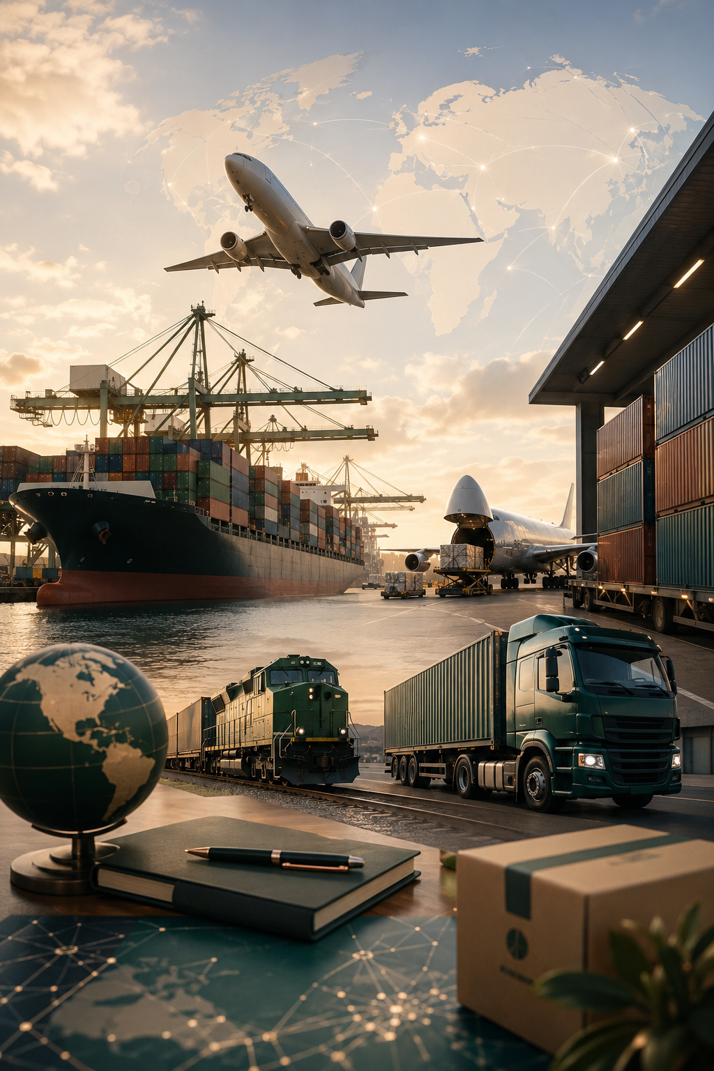 Imagen de un puerto con diferentes medios de transporte: un barco carguero, tren, camiones y avión, con un fondo de mapa mundial y elementos relacionados con logística y transporte.