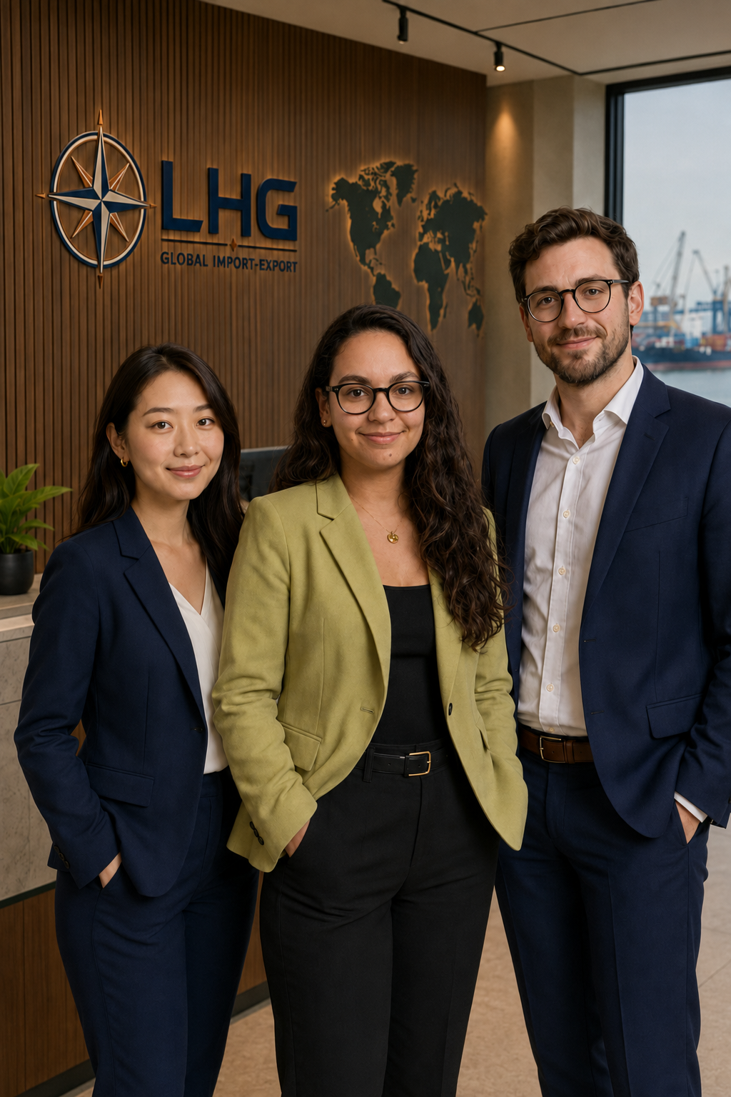 Tres personas de negocios en una oficina con logo de LHG y un mapa del mundo en la pared.