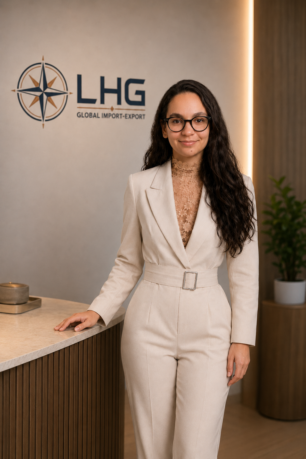 Mujer con gafas y melena rizada de pie en una oficina, con logo de LHG en la pared que dice 'Global Import-Export'.