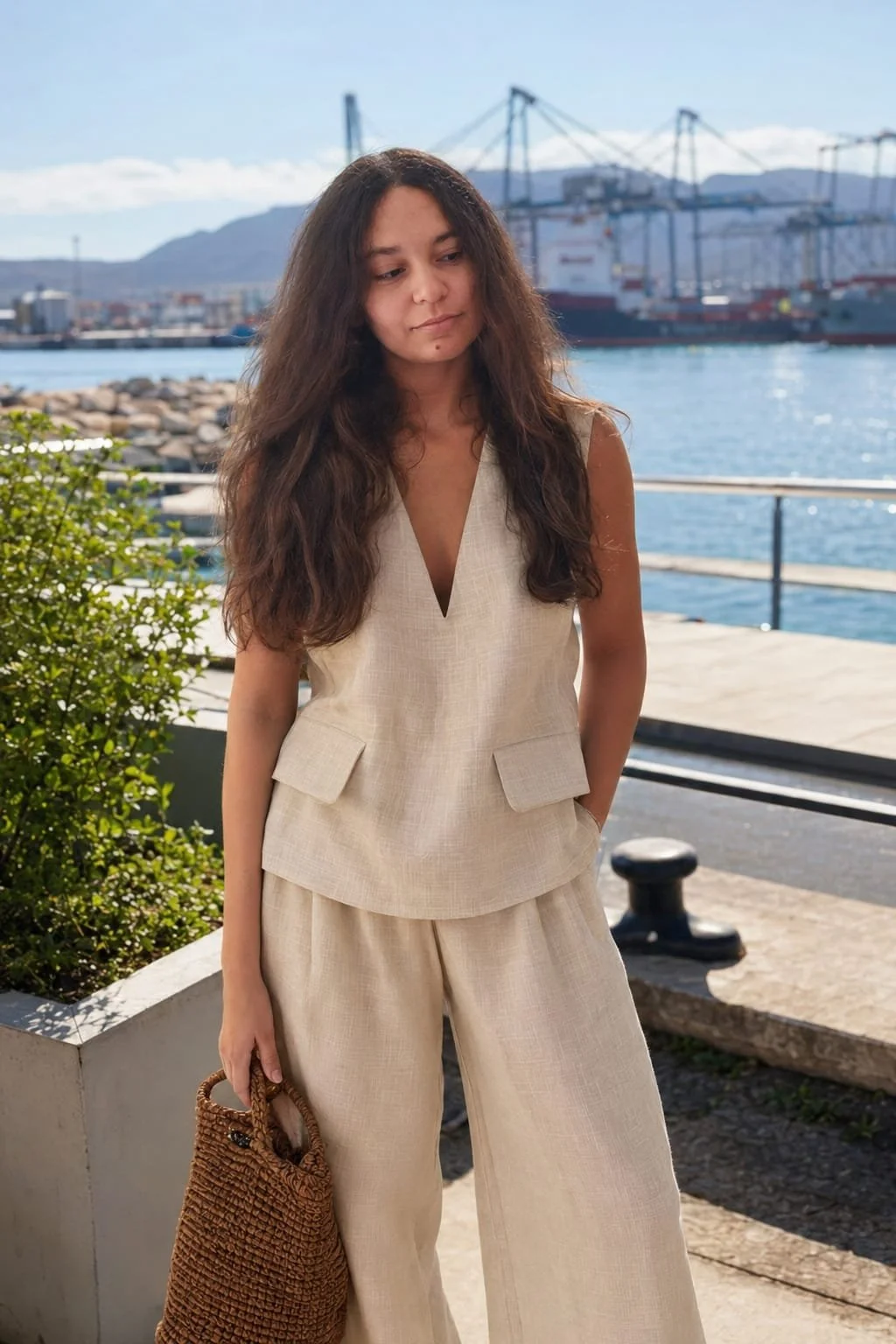 Mujer con cabello rizado y largo, vestida con conjunto de pantalón y chaleco beige, que sostiene una bolsa de mano de fibra natural, de pie junto a un embarcadero con barcos y grúas en el fondo.