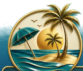 Escape The Rain travel consultancy logo featuring a tropical island, palm trees and ocean sunset