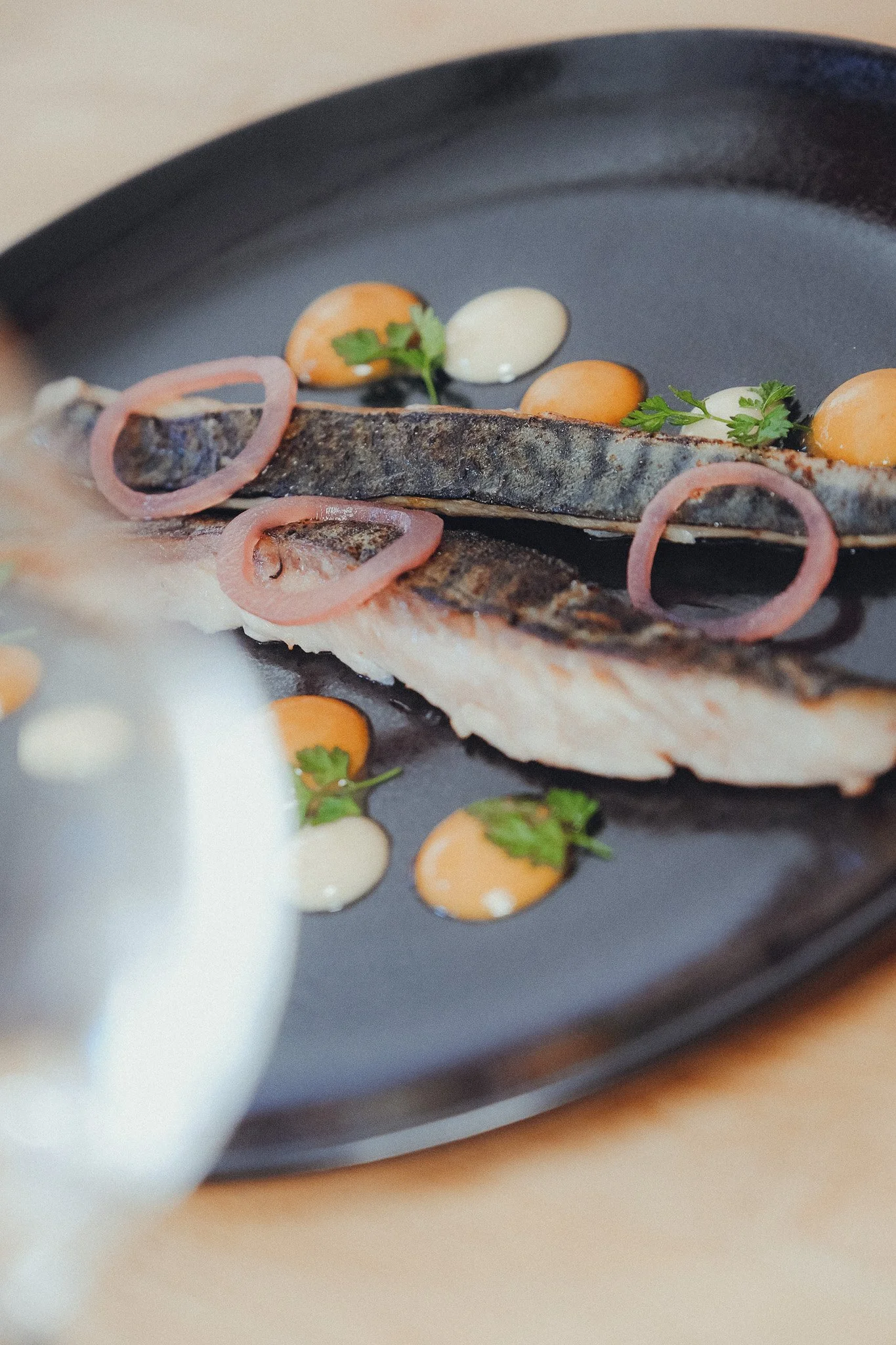 Close-up of a grilled fish fillet on a black plate, garnished with slices of pickled red onions, small dollops of two different sauces, and sprigs of parsley.