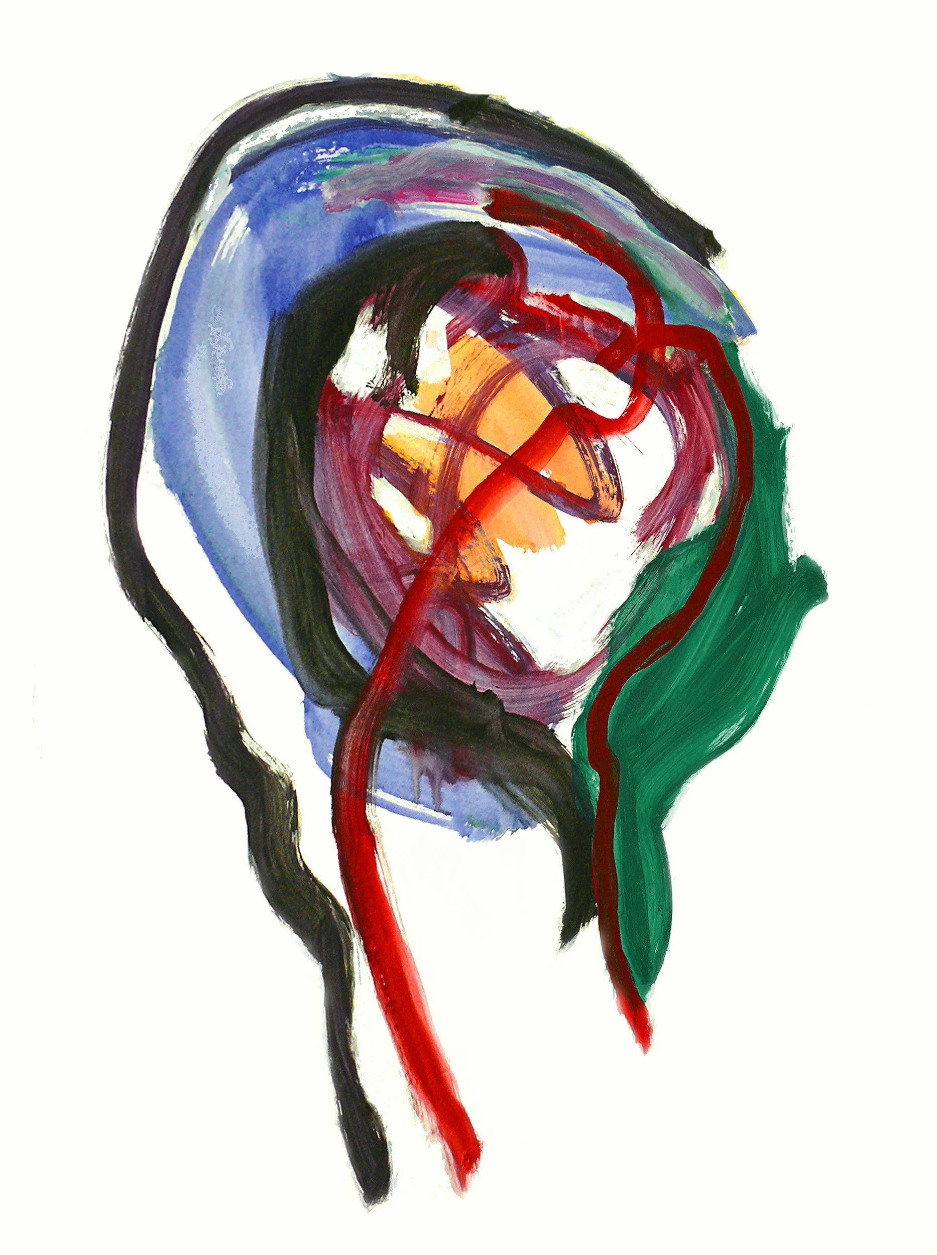 Abstract colorful brushstrokes in shades of black, red, blue, green, and orange on a white background.