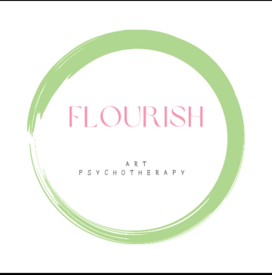 Cover design for 'Flourish: Art Psychotherapy' with a green circular brushstroke and pink text