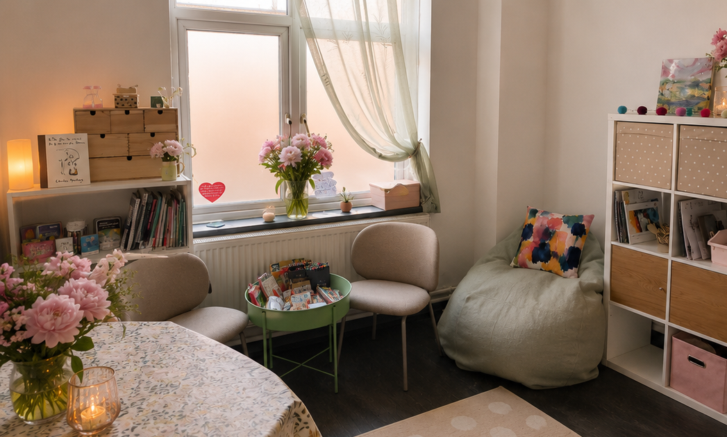 Cozy corner with a window, pink flowers, a small round table, two beige chairs, a bean bag with a colorful pillow, a bookshelf, and decorative items.