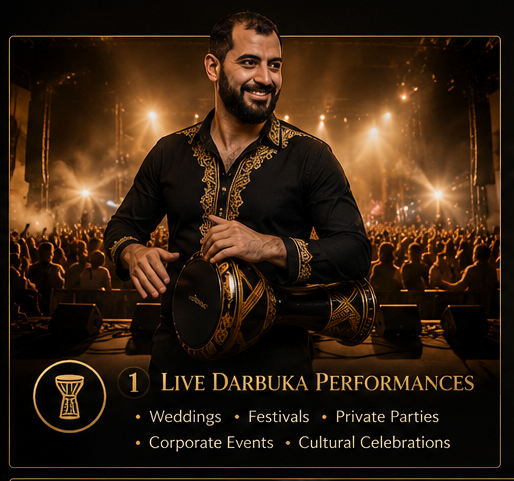 Man smiling on stage with drums, stage lights and audience in the background, promoting live darbuka performances for events.