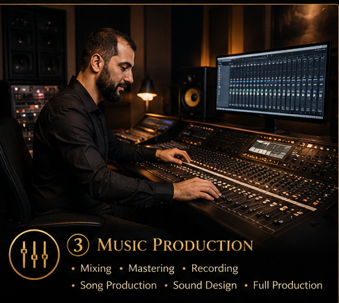 A man working with audio equipment in a music production studio with a computer monitor displaying audio editing software.
