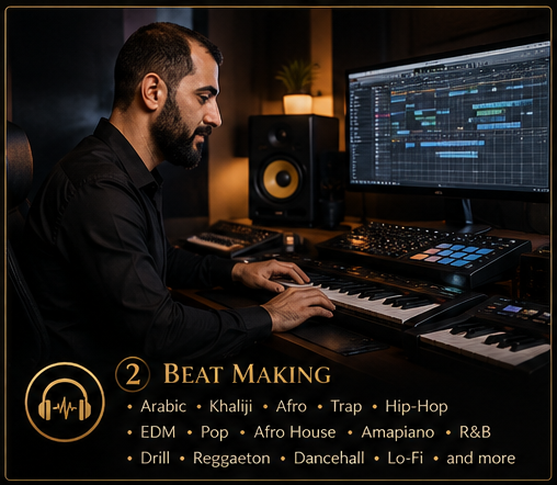 A person working on music production with a computer, MIDI controllers, and studio speakers in a dimly lit studio.