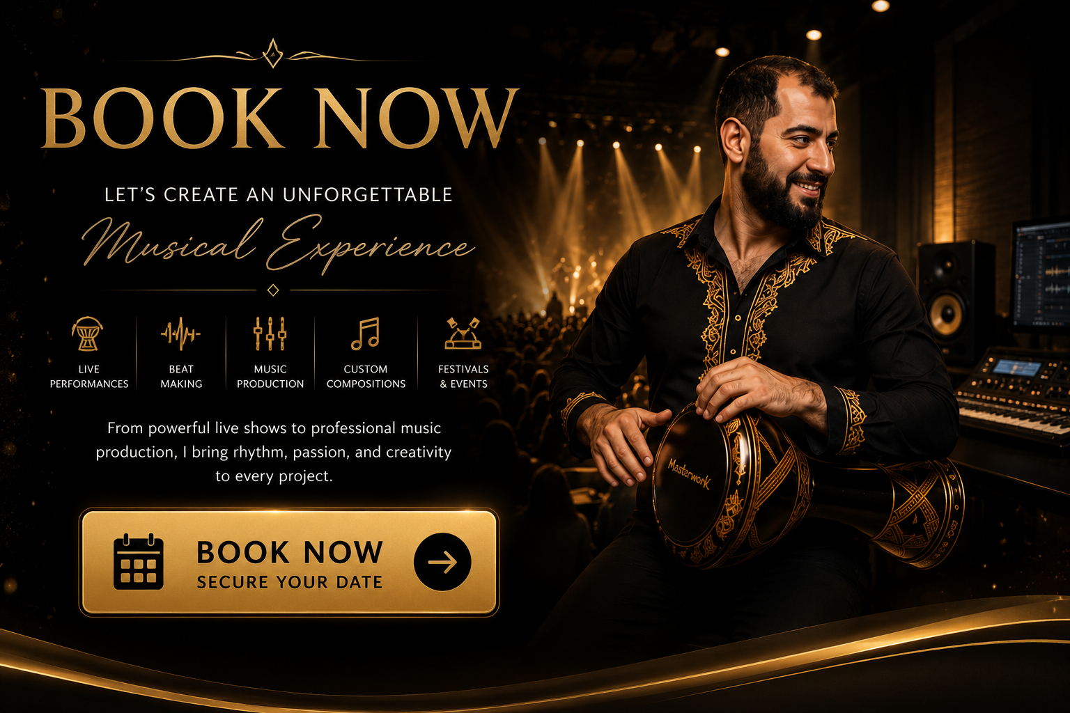 A promotional image for booking a musical experience featuring a man in a black and gold embroidered shirt, holding traditional drums, with a stage and audience in the background. Text includes "Book Now" and details about live performances, beat making, music production, custom compositions, and festivals and events.