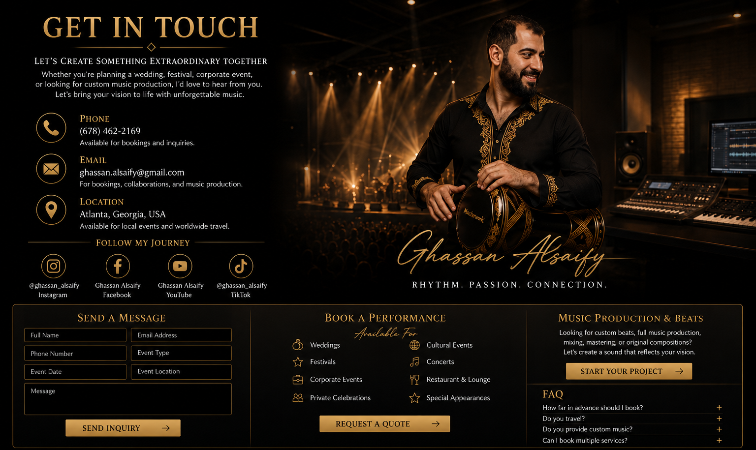 A promotional webpage for musician Ghassan Alsaify featuring a photo of him holding a drum, with a music stage in the background. The page includes contact information, social media links, booking options, and music production services.