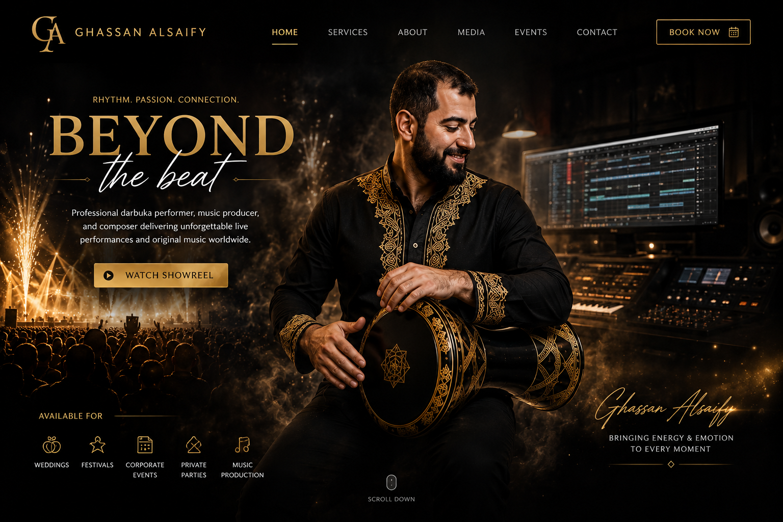 Homepage of Ghassan Alsaify's website showcasing a male musician with a drum, music production equipment, and a crowd at a live concert, with text about his performances and services.