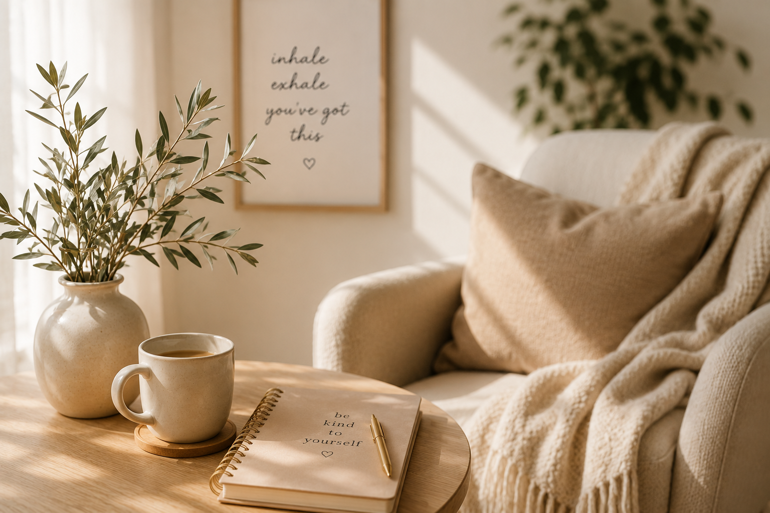 A cozy living room corner with a beige armchair, a cushion, and a blanket. On a wooden table, there's a potted plant, a mug, and an open notebook with a gold pen. Sunlight filters through the window, casting shadows. A framed quote on the wall reads, "inhale exhale you've got this".