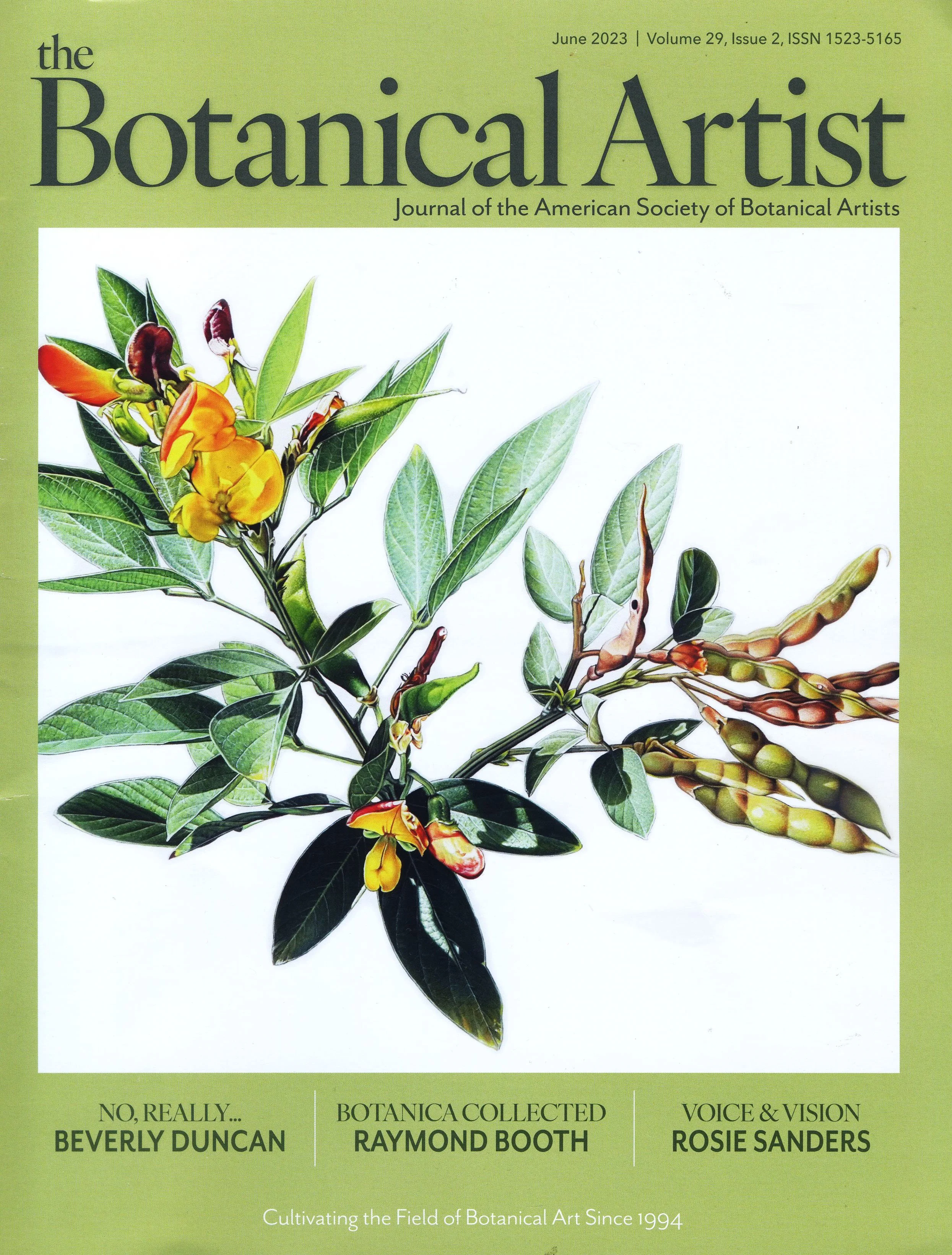 Cover of a botanical magazine with an illustration of a plant with green leaves and yellow, red and purple flowers, titled 'the Botanical Artist',  featuresd publication  about artist Anastasia Kovaleva
