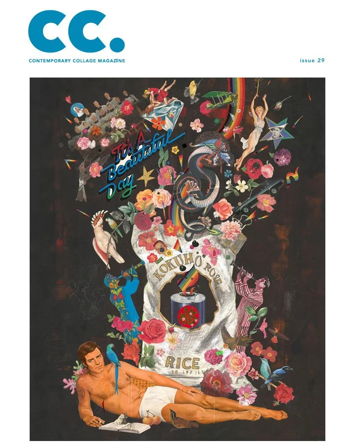 A colorful collage featuring flowers, a snake, mythical figures, and various objects, with the text 'It's a Beautiful Day' and 'Kokuh Rice,' on a black background.