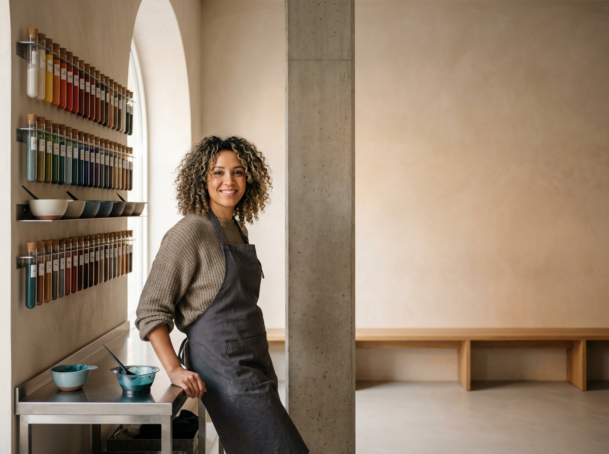 A woman with curly hair, wearing a gray sweater and apron, stands in a kitchen, smiling. Behind her are shelves with colorful test tubes and bowls, and a countertop with bowls and utensils.